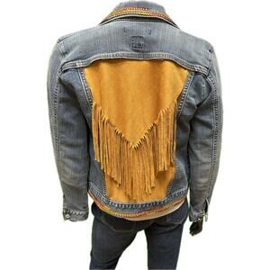 Custom Upcycled GAP Denim Jacket Fringe & Rainbow Trim Sz Small S